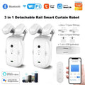 Smart WiFi Curtain Motor Retrofit hero shot showing compact motor on curtain rod
