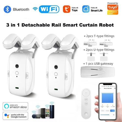 Smart WiFi Curtain Motor Retrofit hero shot showing compact motor on curtain rod