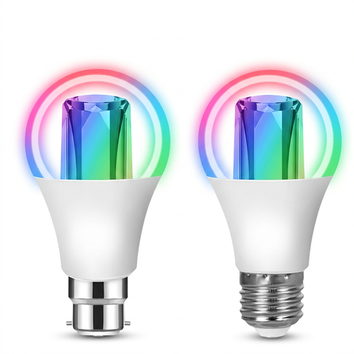 PureNode ZigBee Smart Bulb RGBCW 18W - B22 bayonet and E27 screw fittings side by side on white