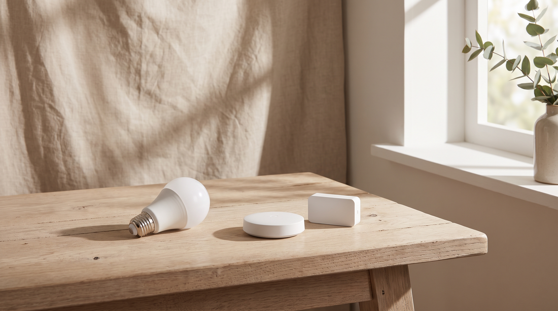A smart light globe, a sensor puck and a door sensor on an oak table in Australian morning light