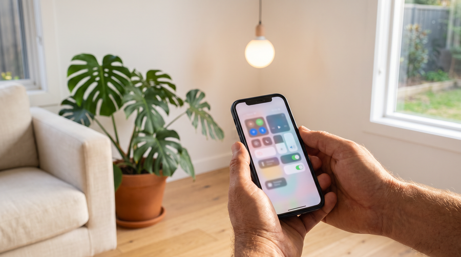 Hands using a smart home app on a phone in an Australian living room with a smart light globe glowing overhead