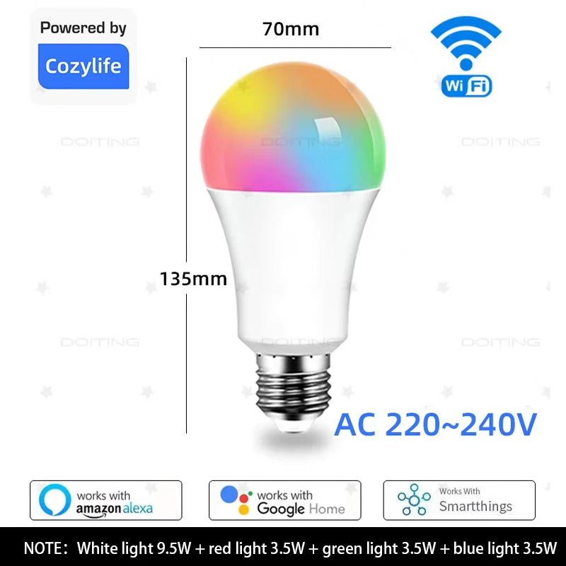 PureNode WiFi Smart Bulb 20W dimensions - 70mm diameter by 135mm long, E27 fitting, AC 220-240V