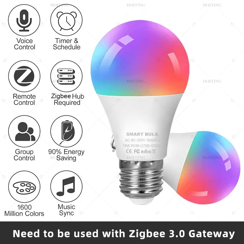 PureNode ZigBee Smart Bulb features - voice control, timer and schedule, remote control, group control, music sync, ZigBee hub required