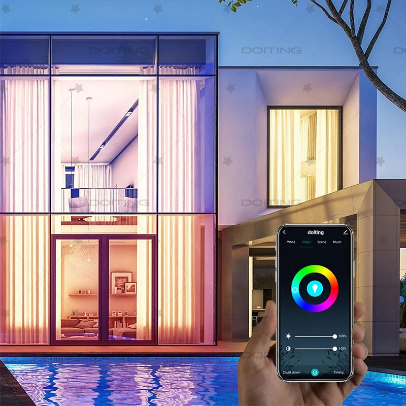 PureNode WiFi Smart Bulb controlled from the CozyLife app, lighting a modern home at night