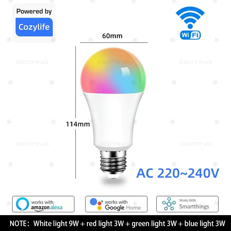 PureNode WiFi Smart Bulb 15W dimensions - 60mm diameter by 114mm long, E27 fitting, AC 220-240V