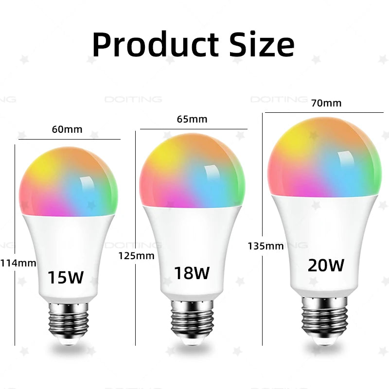 PureNode WiFi Smart Bulb size comparison - 15W 60mm, 18W 65mm and 20W 70mm diameter