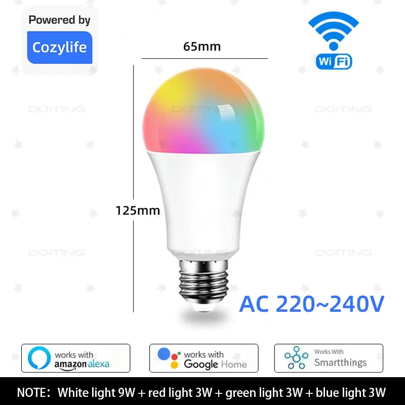 PureNode WiFi Smart Bulb 18W dimensions - 65mm diameter by 125mm long, E27 fitting, AC 220-240V