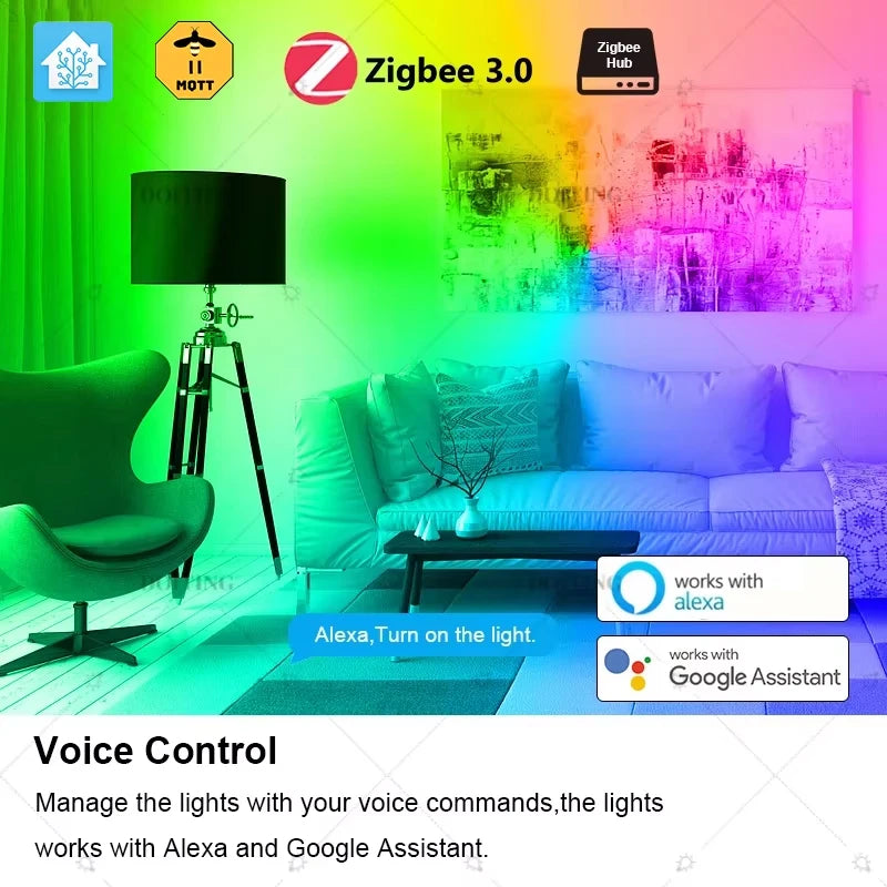 PureNode ZigBee Smart Bulb voice control - ZigBee 3.0 with Alexa and Google Assistant, colour lighting across a living room