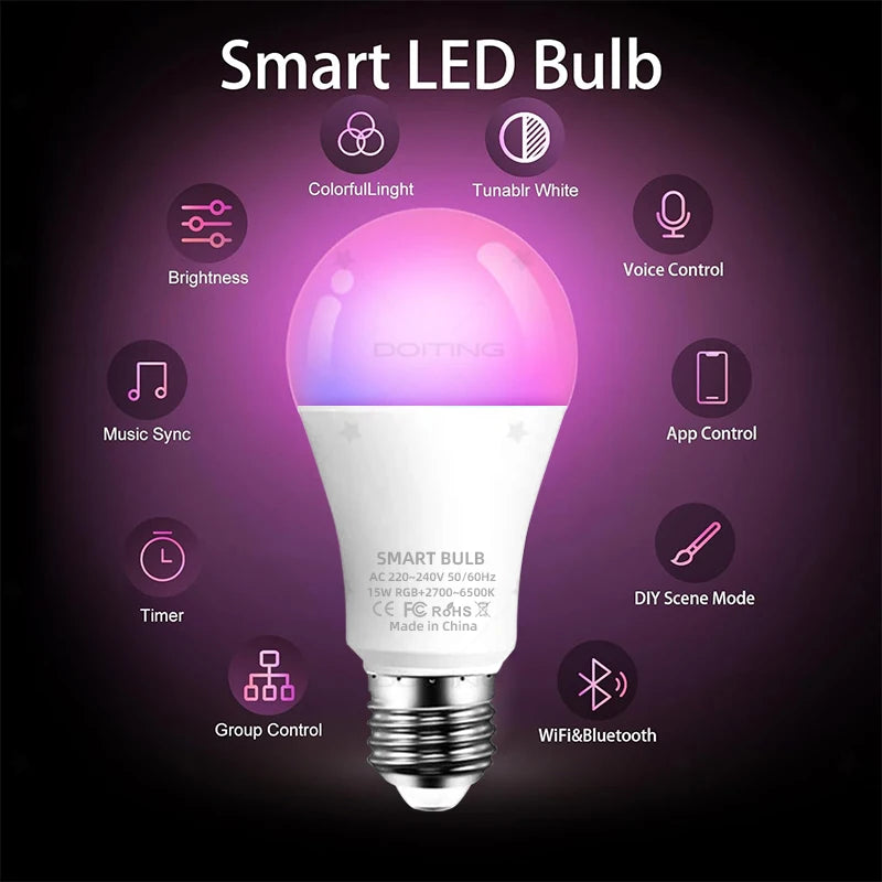 PureNode WiFi Smart Bulb features - colour light, tunable white, brightness, music sync, timer, group control, app and voice control