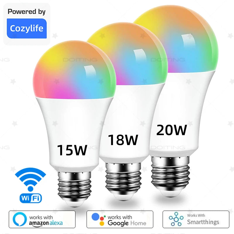 PureNode WiFi Smart Bulb E27 - 15W, 18W and 20W side by side, works with Alexa, Google Home and SmartThings