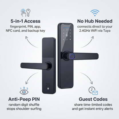 PureNode WiFi Smart Door Lock - key features: 5-in-1 access, no hub needed, anti-peep PIN, guest codes