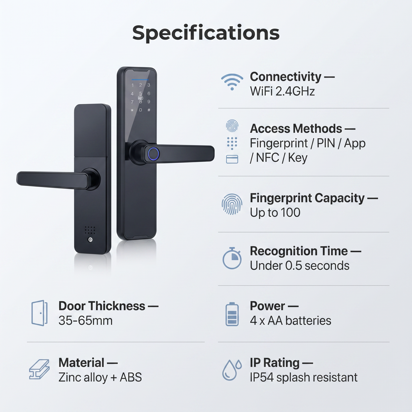 PureNode WiFi Smart Door Lock - specifications sheet