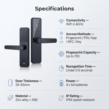 PureNode WiFi Smart Door Lock - specifications sheet