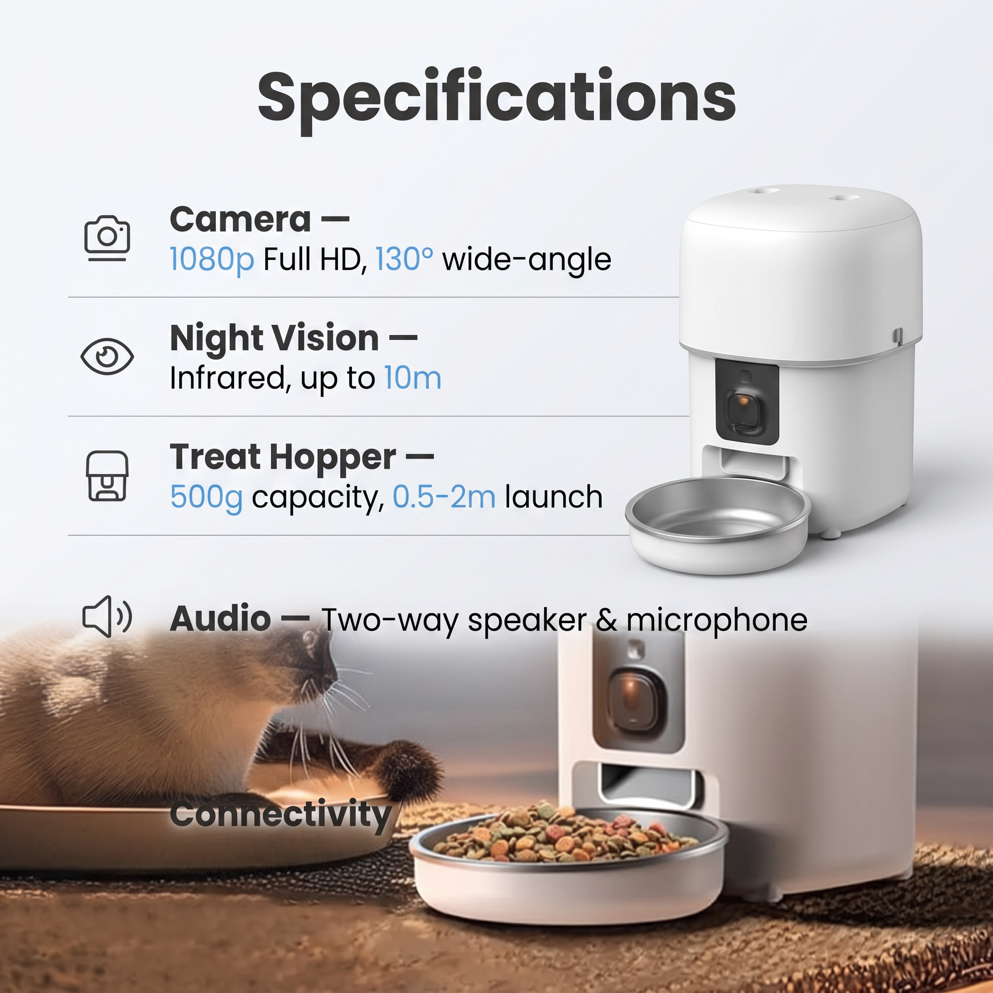 PureNode WiFi Pet Camera Treat Dispenser - specifications sheet