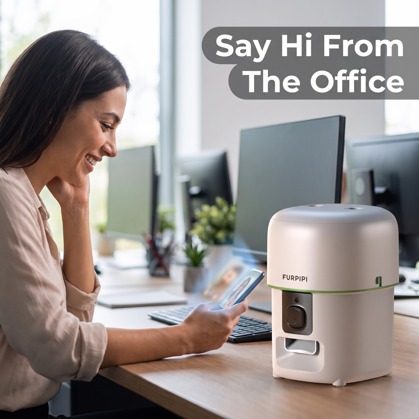 PureNode WiFi Pet Camera Treat Dispenser - office check-in use case