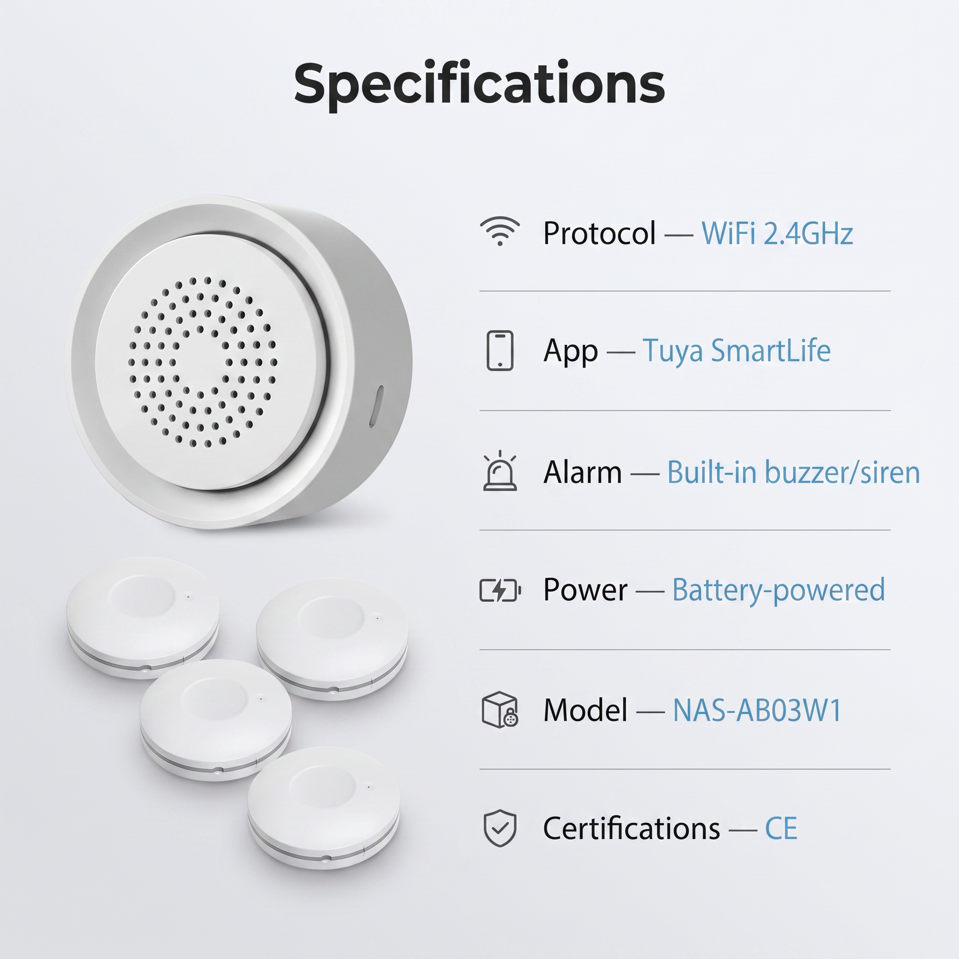 PureNode WiFi Water Leak Kit Siren Alarm - specifications sheet