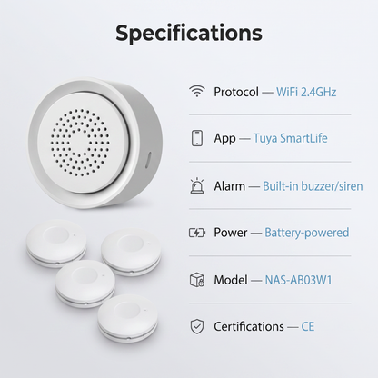 PureNode WiFi Water Leak Kit Siren Alarm - specifications sheet