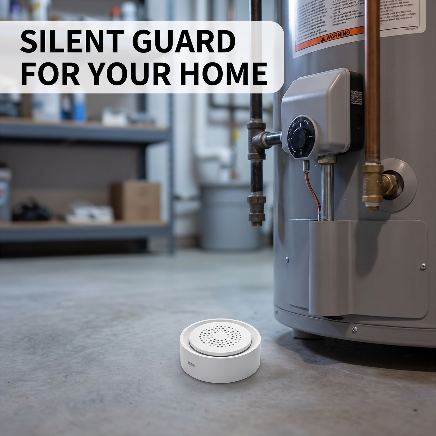 PureNode WiFi Water Leak Kit Siren Alarm - water heater use case