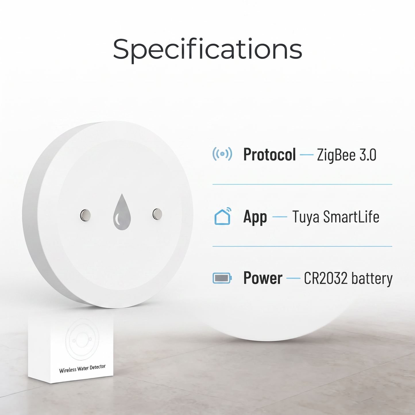 PureNode ZigBee Water Leak Sensor CR2032 - specifications sheet