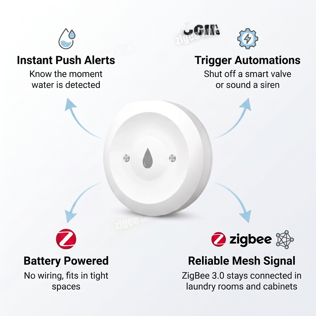 PureNode ZigBee Water Leak Sensor Flood Alert - key features: instant push alerts, trigger automations, battery powered, reliable mesh signal