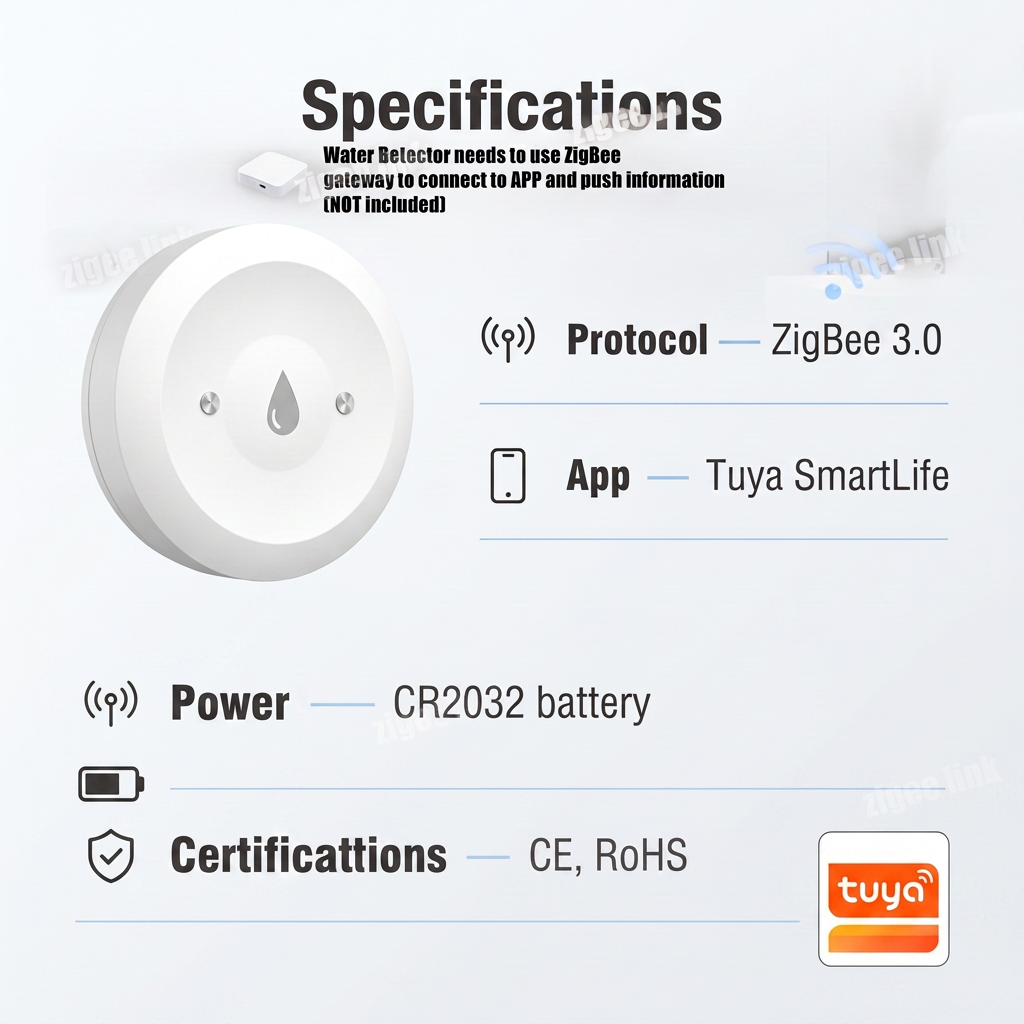PureNode ZigBee Water Leak Sensor Flood Alert - specifications sheet