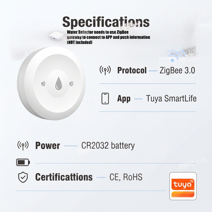 PureNode ZigBee Water Leak Sensor Flood Alert - specifications sheet