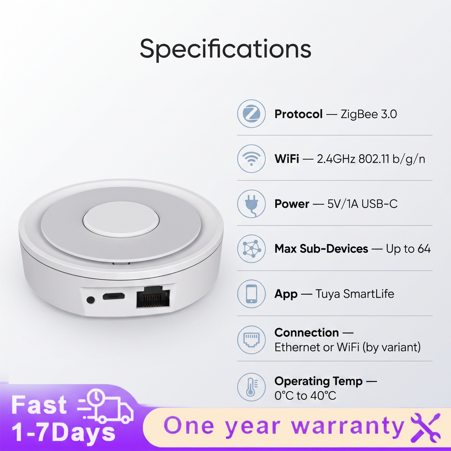 PureNode ZigBee Hub WiFi Gateway - specifications sheet