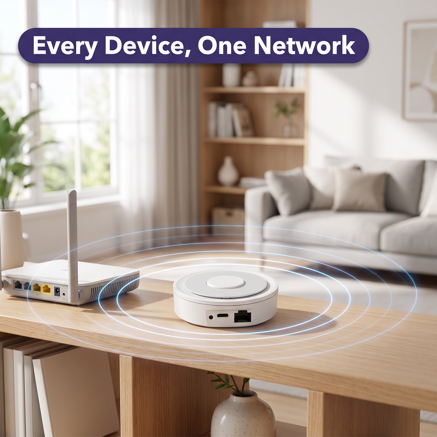 PureNode ZigBee Hub WiFi Gateway - living room shelf use case