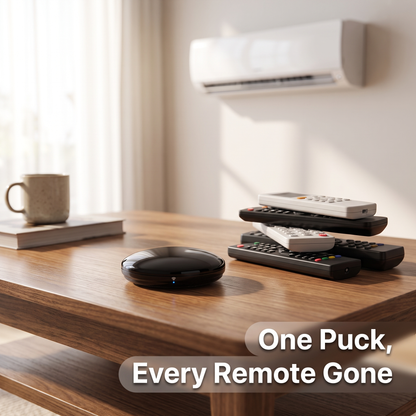 Smart IR Blaster replacing TV and aircon remotes on coffee table