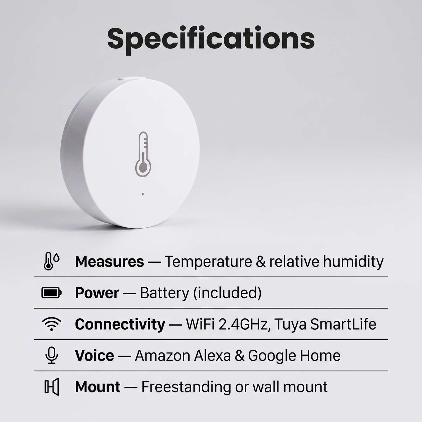 Temperature Humidity Sensor specifications - measures temp and humidity, battery powered, WiFi, wall or freestanding mount
