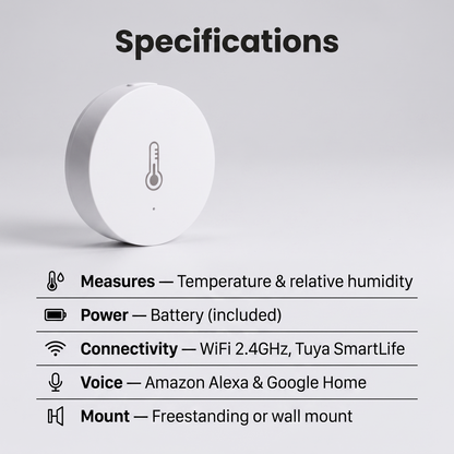 Temperature Humidity Sensor specifications - measures temp and humidity, battery powered, WiFi, wall or freestanding mount