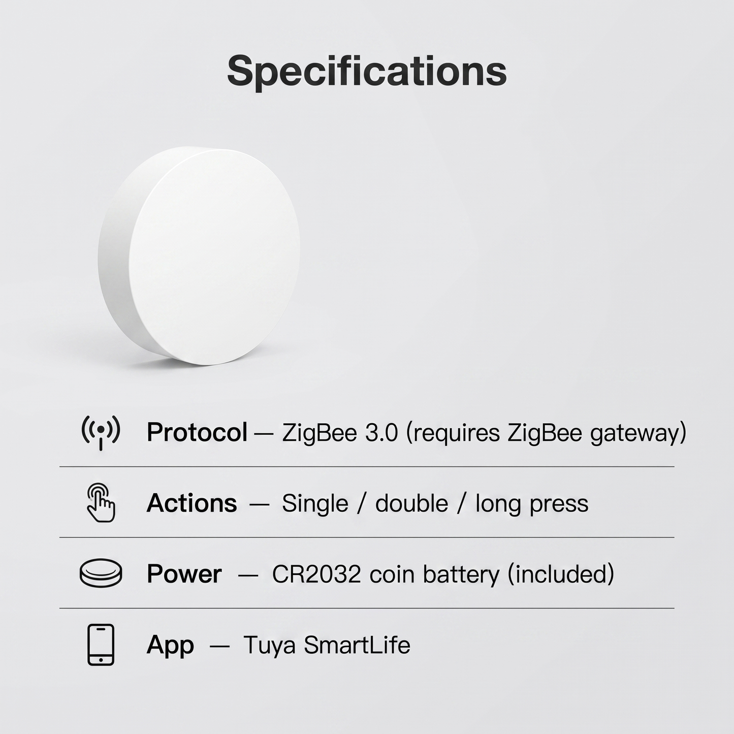 Smart Scene Button specifications - ZigBee 3.0, single double long press actions, CR2032 battery, Tuya app