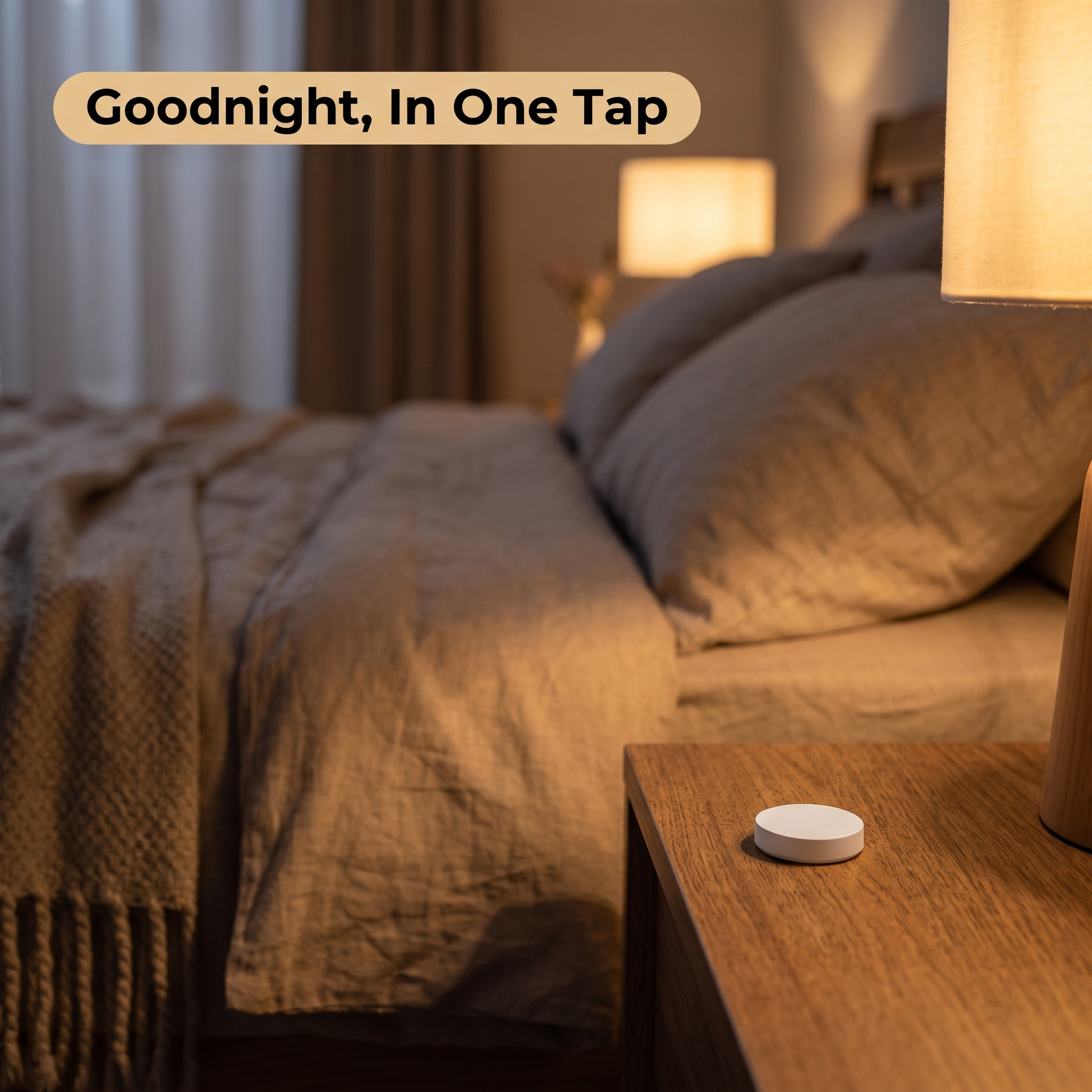 Smart Scene Button beside bed triggering goodnight lighting scene