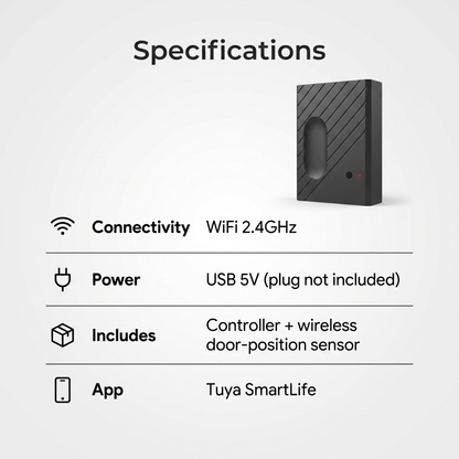 Garage Door Controller specifications - WiFi 2.4GHz, USB powered, includes door position sensor, Tuya app