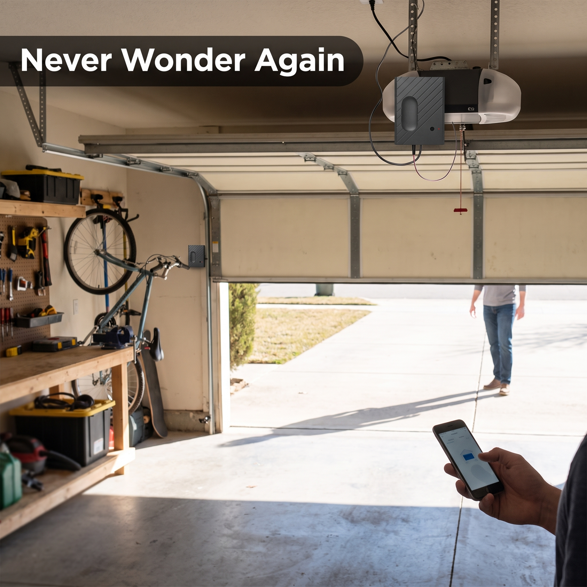 Smart garage door controller showing live door status on phone