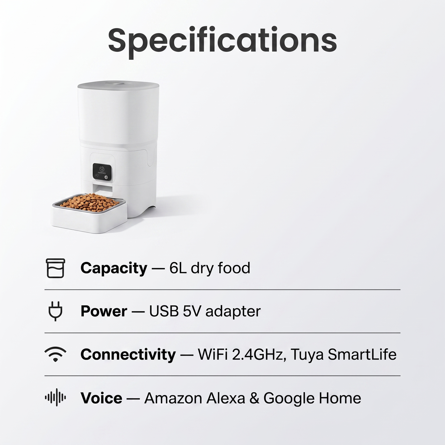 Smart Pet Feeder specifications - 6L capacity, USB powered, WiFi, Tuya app, Alexa Google Home voice control