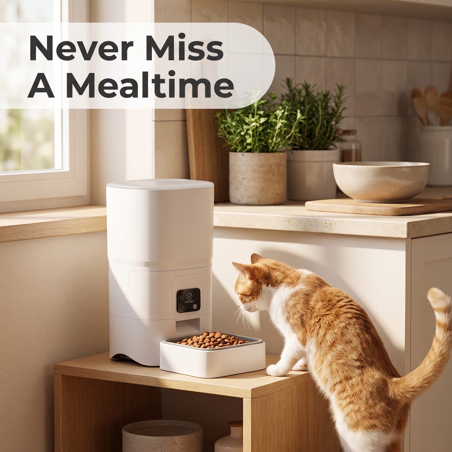 Cat eating freshly dispensed kibble from smart pet feeder in kitchen