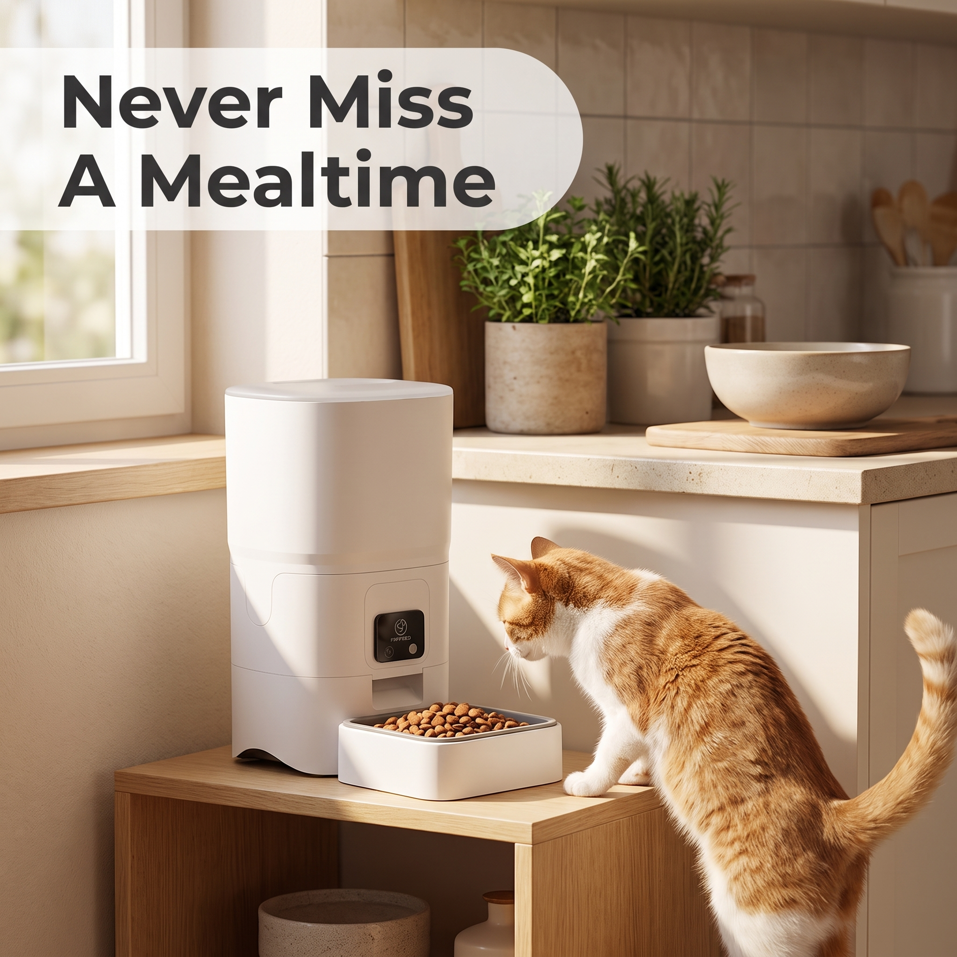Cat eating freshly dispensed kibble from smart pet feeder in kitchen