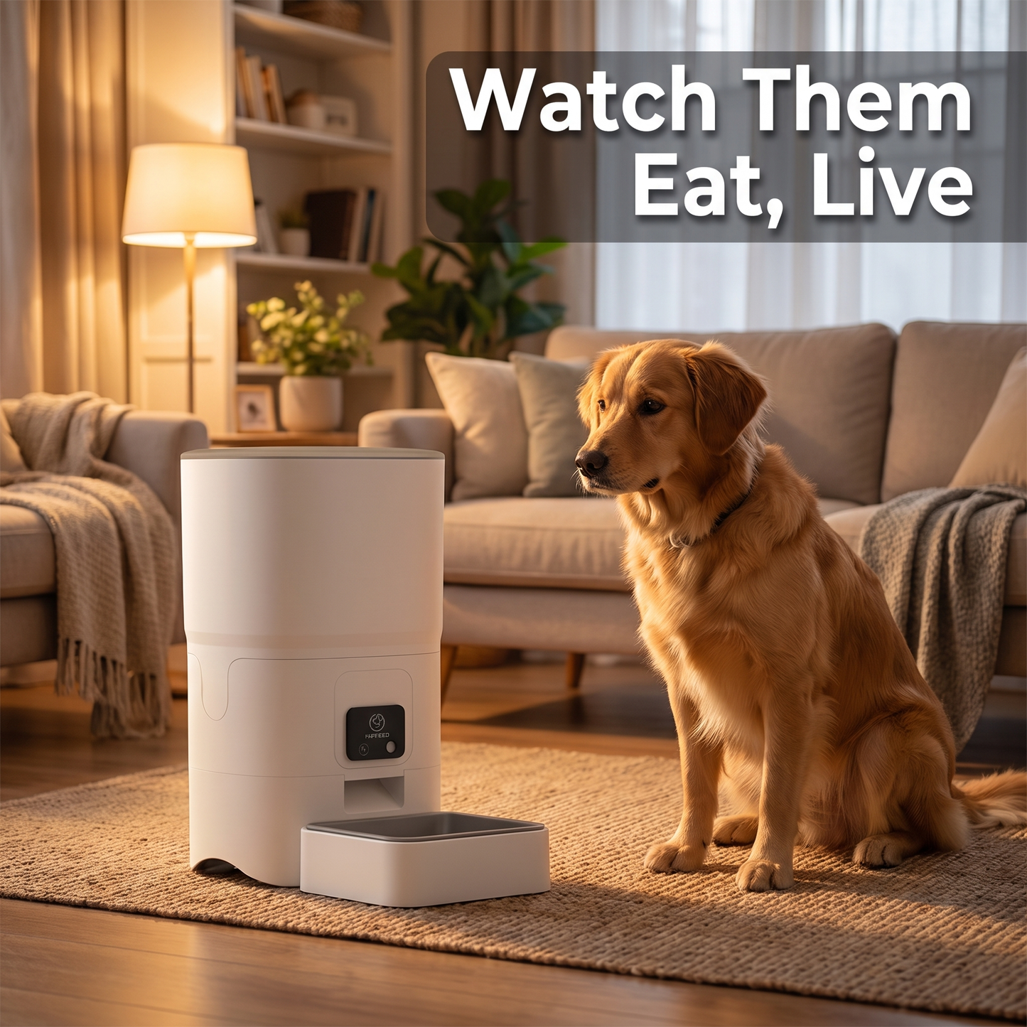 Dog waiting by smart pet feeder with built-in camera in living room