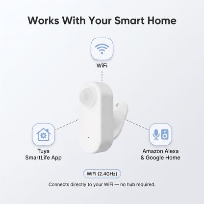 WiFi PIR Motion Sensor compatibility - Tuya SmartLife app, Amazon Alexa, Google Home, WiFi