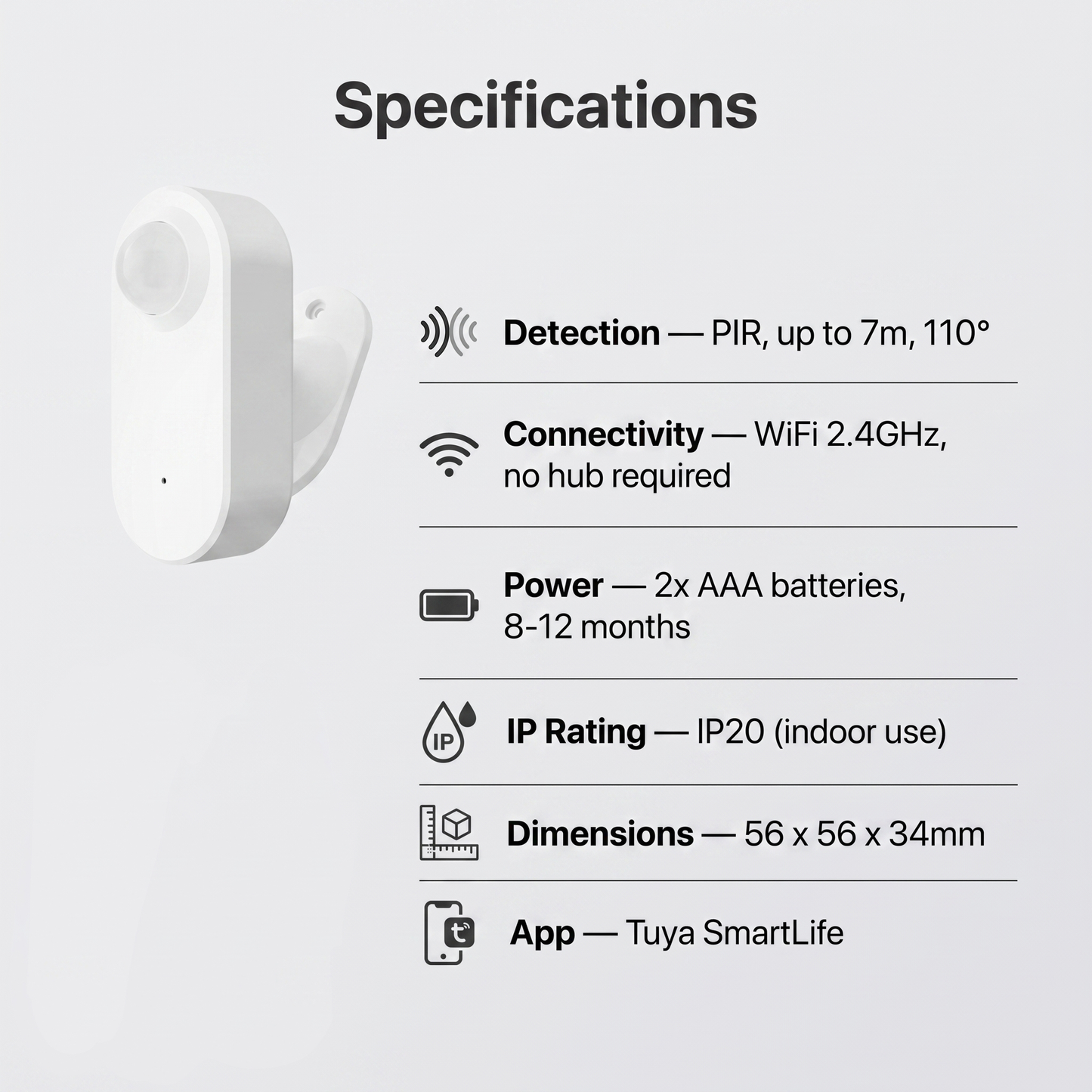 WiFi PIR Motion Sensor specifications - 7m 110 degree PIR detection, WiFi no hub, AAA batteries, IP20