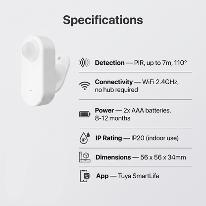 WiFi PIR Motion Sensor specifications - 7m 110 degree PIR detection, WiFi no hub, AAA batteries, IP20