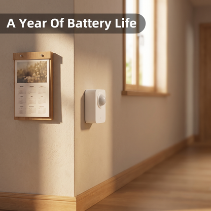 ZigBee motion sensor with long lasting coin cell battery in hallway