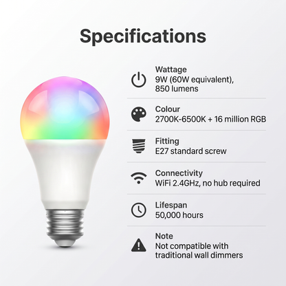 Smart LED Bulb specifications - 9W 850 lumens, E27 fitting, WiFi 2.4GHz, 50000 hour lifespan
