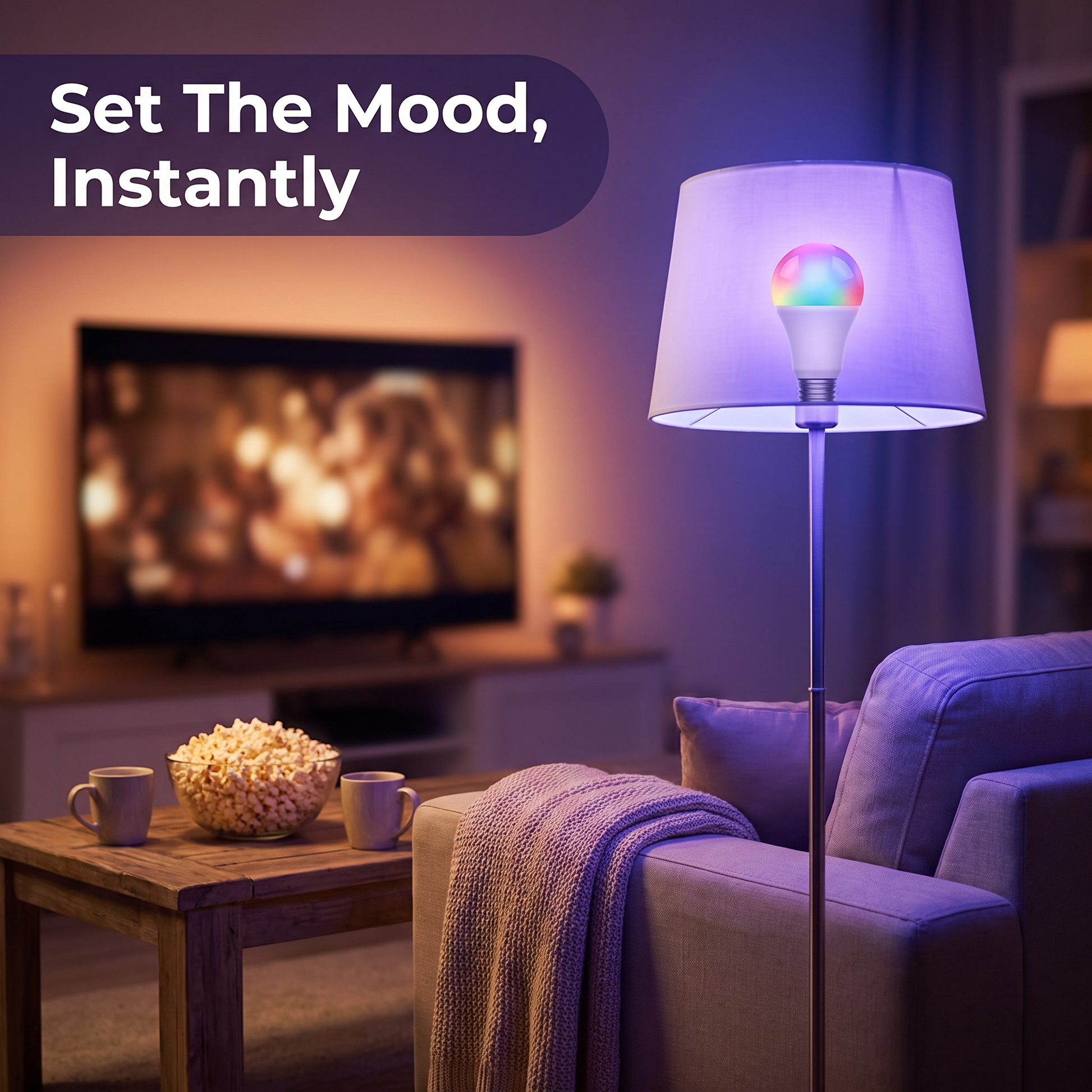 Smart LED bulb setting colourful mood lighting for movie night