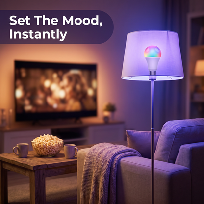 Smart LED bulb setting colourful mood lighting for movie night