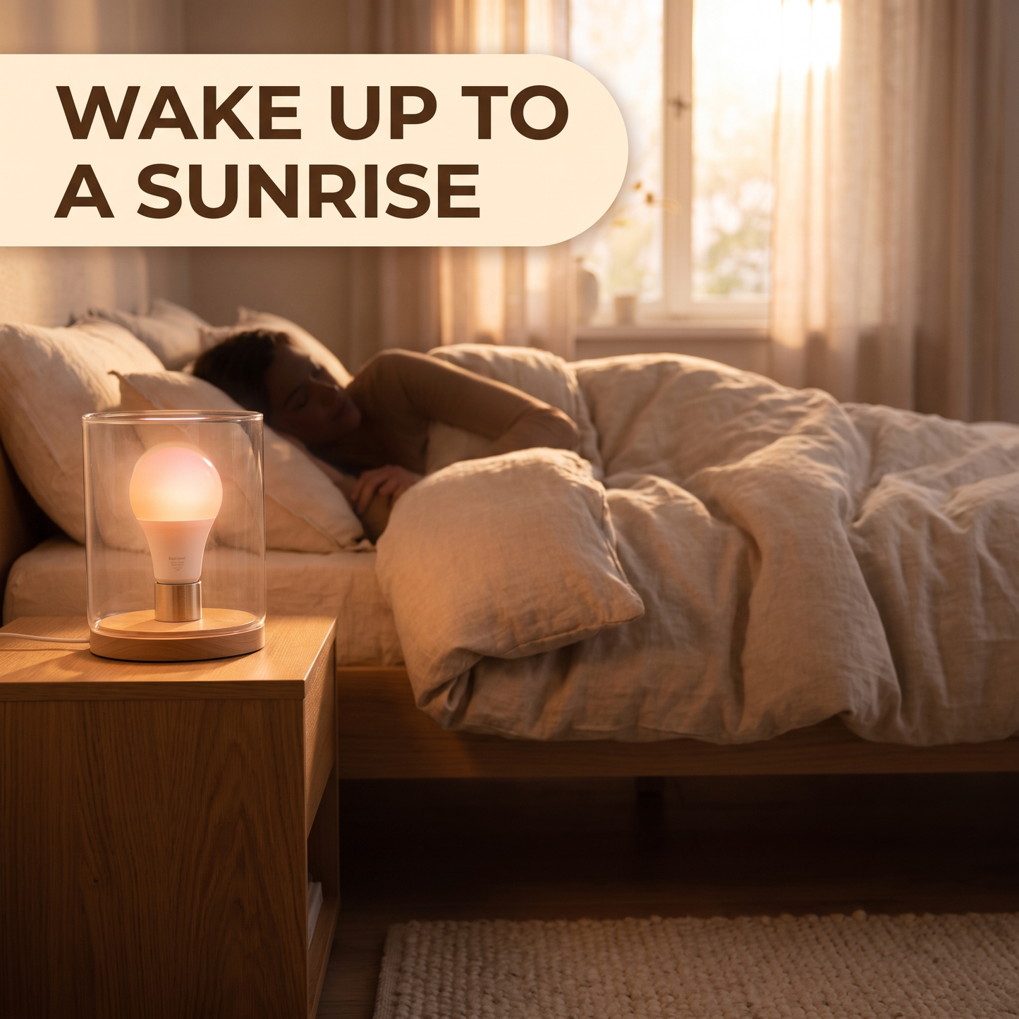 Smart LED bulb simulating sunrise wake up routine in bedroom