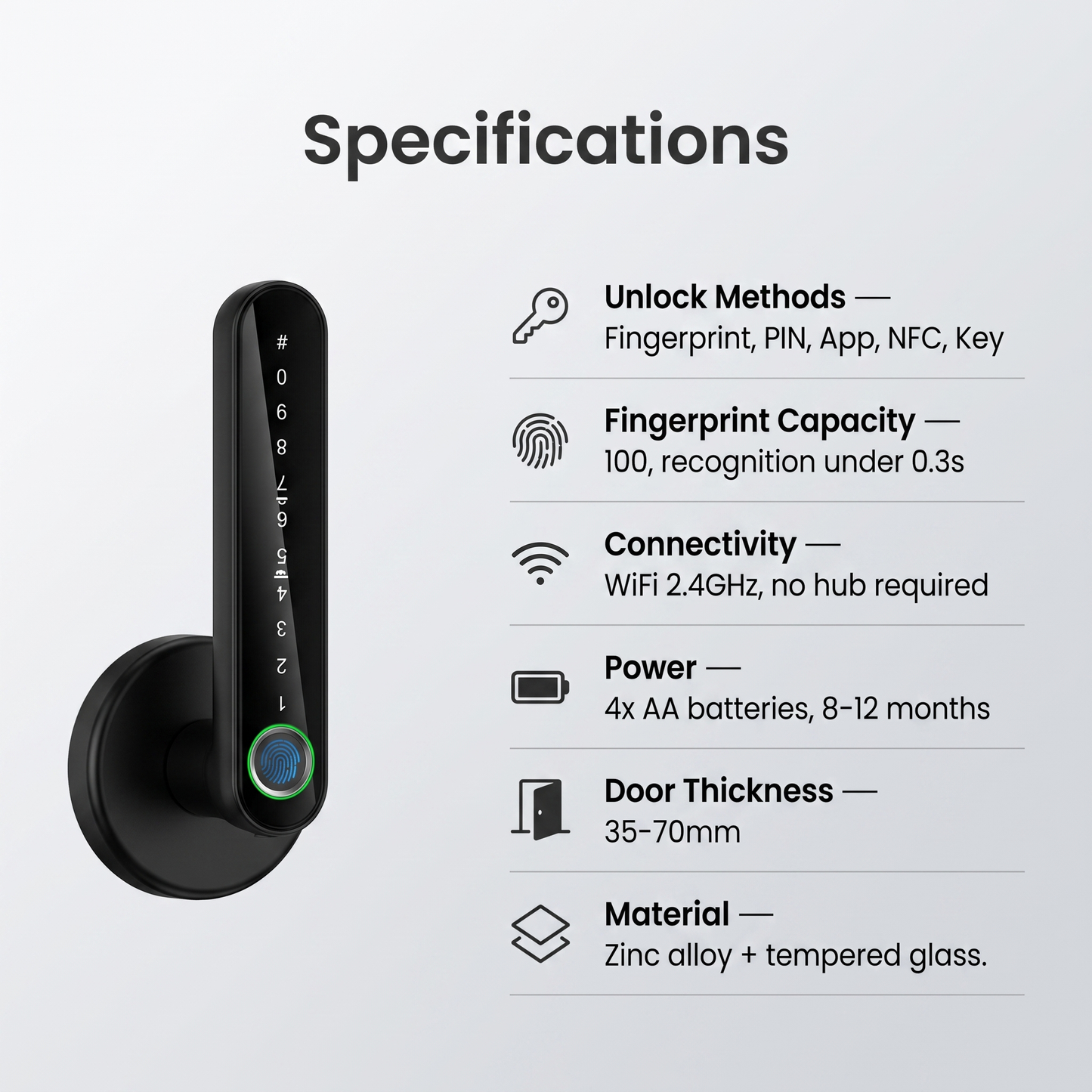 Fingerprint Door Lock specifications - 5 unlock methods, 100 fingerprint capacity, WiFi, AA batteries