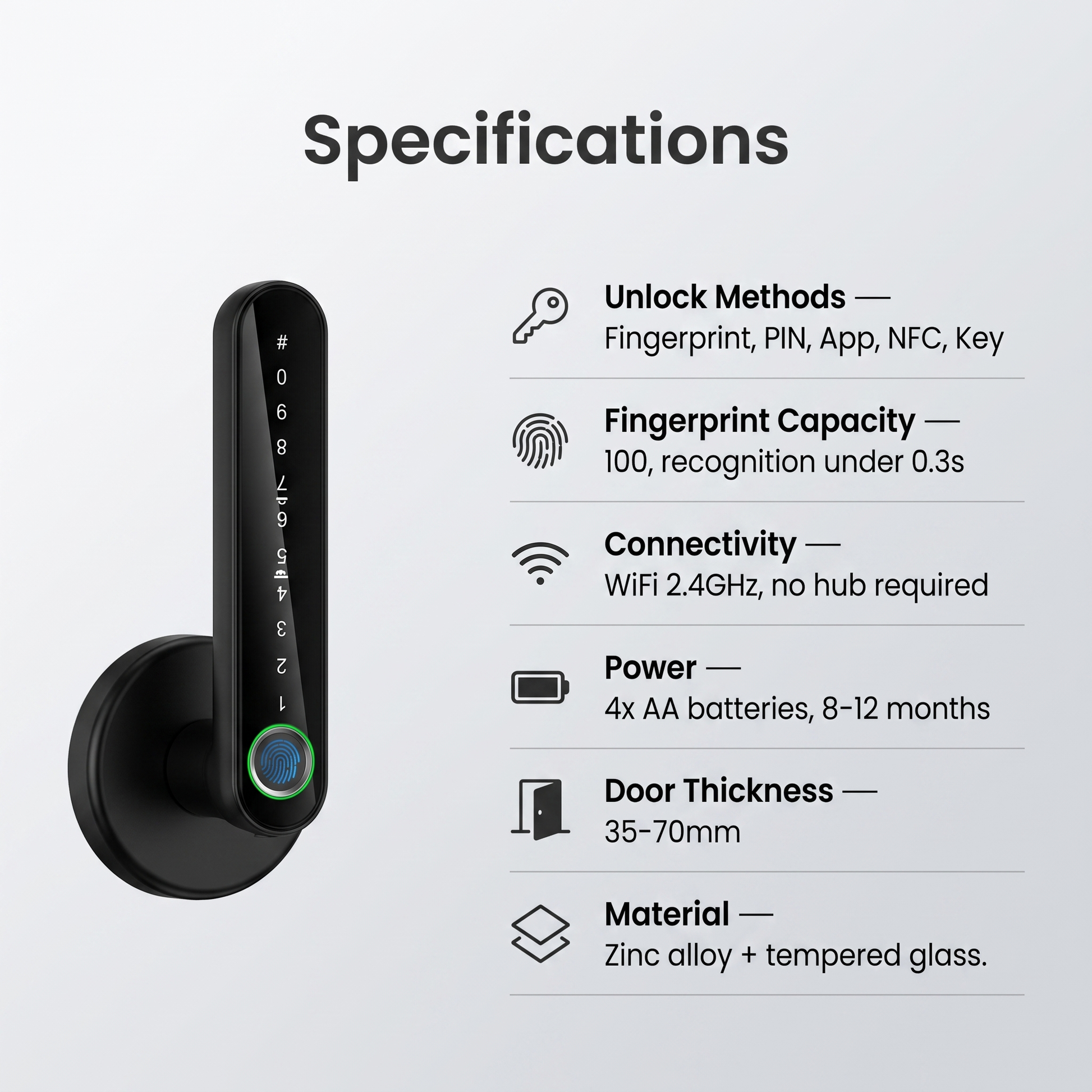 Fingerprint Door Lock specifications - 5 unlock methods, 100 fingerprint capacity, WiFi, AA batteries