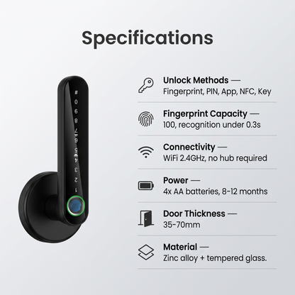Fingerprint Door Lock specifications - 5 unlock methods, 100 fingerprint capacity, WiFi, AA batteries